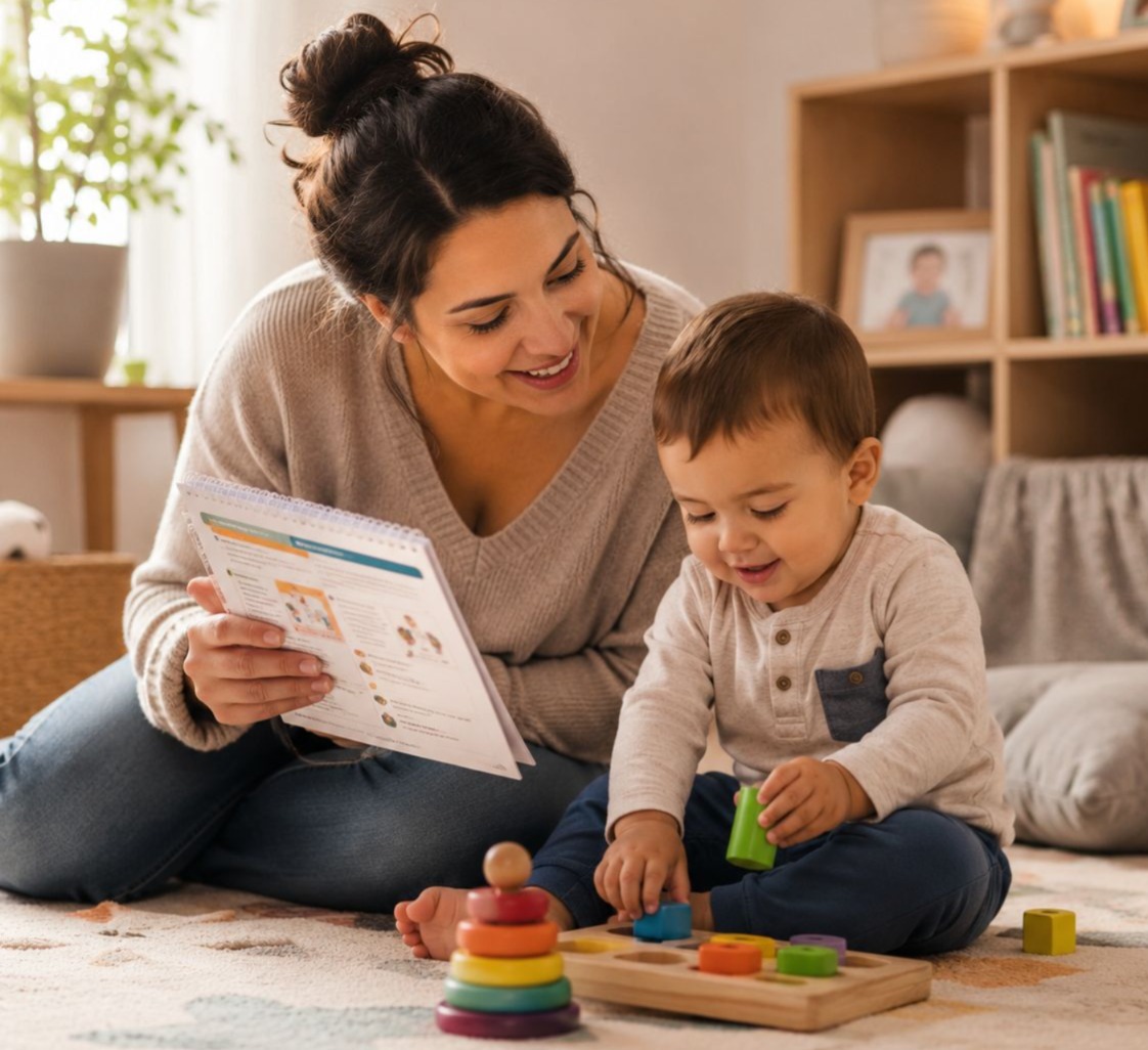 Madre usando el material del kit mientras su hijo juega con piezas de encaje
